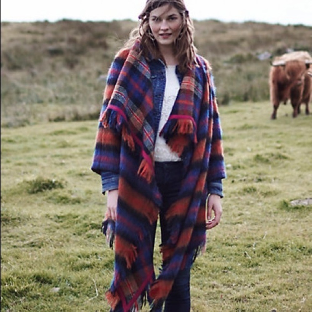 Anthropologie Plaid Fringe Blanket Coat
